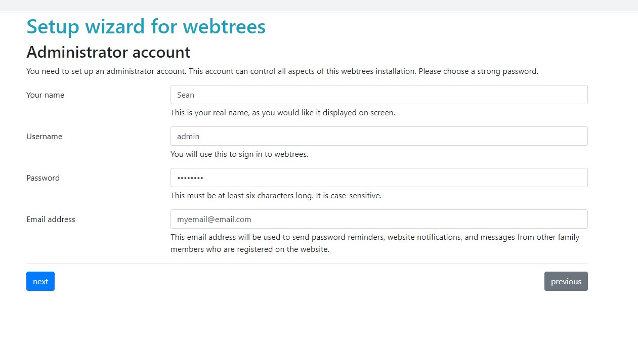 setting up webtrees admin account